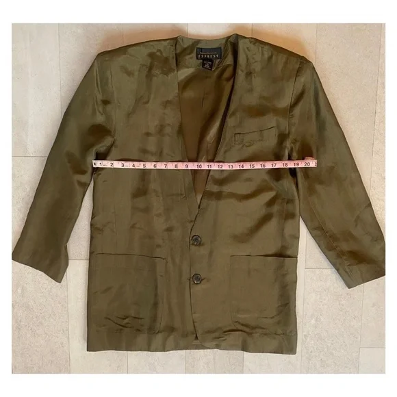 Vintage 90's Express Silk Blazer Olive Green Oversized Blazer - Picture 3 of 8